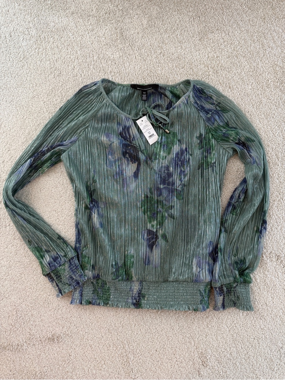 White House Black Market Green Floral Pleated Tie-Neck Blouse